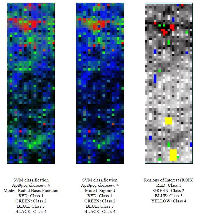 Εικόνα 61: Αποτελέσματα ταξινομήσεων χρησιμοποιώντας SVMs στην εικόνα με τα 18 κανάλια των δεικτών βλάστησης με 4 διαφορετικούς αλγόριθμους και περιοχές εκπαίδευσης που χρησιμοποιήθηκαν για κάθε