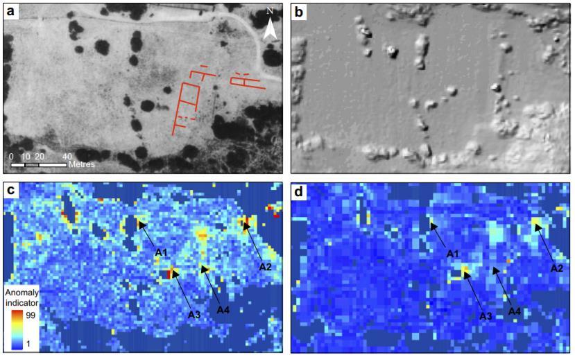 Εικόνα 13: (a) Αεροφωτογραφία με επικαλυπτόμενη την τοποθεσία θαμμένων αρχαιολογικών καταλοίπων που εντοπίστηκαν με γεωφυσικές διασκοπήσεις, (b) σκιασμένη εικόνα που προέρχεται από δεδομένα Lidar,