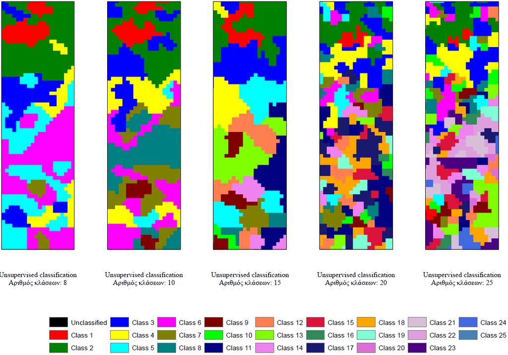 Εικόνα 55: Αποτελέσματα μη επιβλεπόμενων ταξινομήσεων (2, 3, 4, 5 και 6 κλάσεις) στην εικόνα με τα 18 κανάλια των δεικτών βλάστησης.