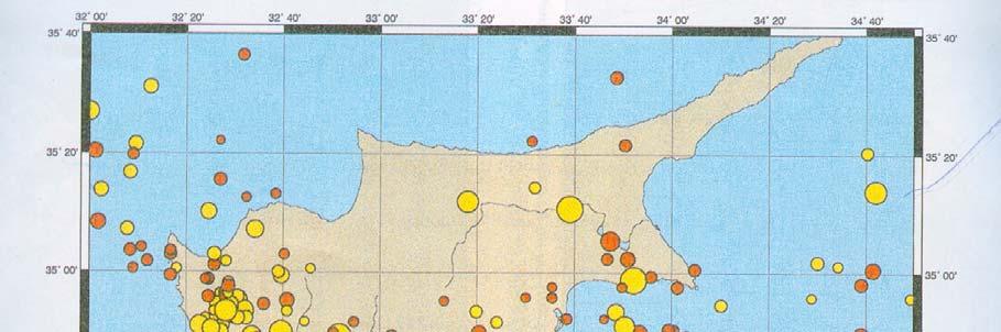 Χάρτης 5: Επίκεντρα 674 σεισμών που καταγράφηκαν από σεισμολογικούς σταθμούς στον ευρύτερο κυπριακό χώρο στην περίοδο μεταξύ 1905 1996 (Geological Survey
