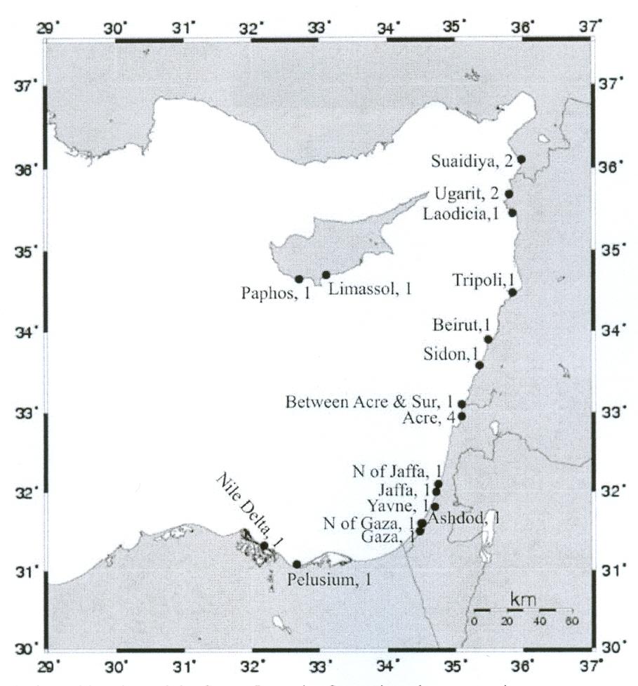 Σχήμα 19: Τοποθεσίες της νοτιοανατολικής ακτής της Ισπανίας και της βορειοδυτικής ακτής της Αφρικής όπου παρατηρήθηκαν τσουνάμι (λευκοί κύκλοι) (S.