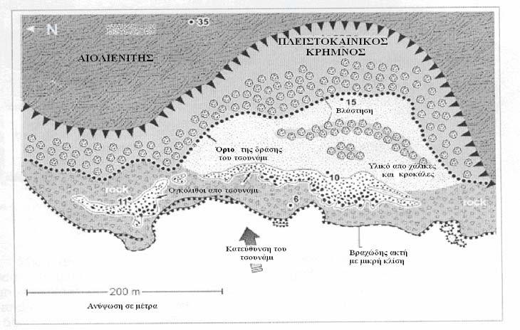 Σχήμα 26: Γεωμορφολογικός χάρτης των αποθέσεων του τσουνάμι στον κόλπο του Ερημίτη στη χερσόνησο του Ακάμα (τροποποιήθηκε από Kelletat & Schellmann, 2001).