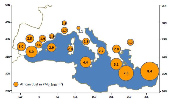 Καταιγίδες Σκόνης στη Μεσόγειο Mean African dust contributions to PM10 (in μg/m 3) across the Mediterranean