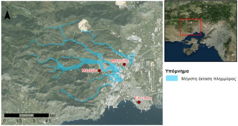 Εικόνα 31. Μέγιστη έκταση πλημμύρας για το προσομοιωμένο σενάριο στην ευρύτερη περιοχή ενδιαφέροντος ως την Αττική Οδό, με υπόβαθρο δορυφορική εικόνα. Εικόνα 32.