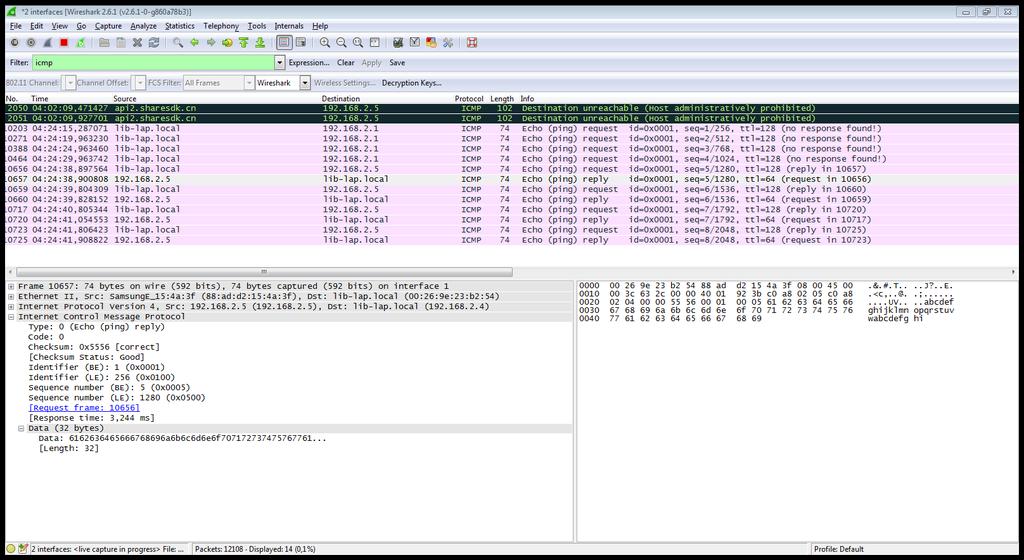 icmp 5.4.7 Wireshark και ICMP Φίλτρα απεικόνισης Απεικονίζονται μόνο τα ICMP μηνύματα Στο παρακάτω παράδειγμα φαίνεται η απεικόνιση των ICMP πακέτων της κάρτας δικτύου: Εικόνα 31: Παράδειγμα ICMP 5.