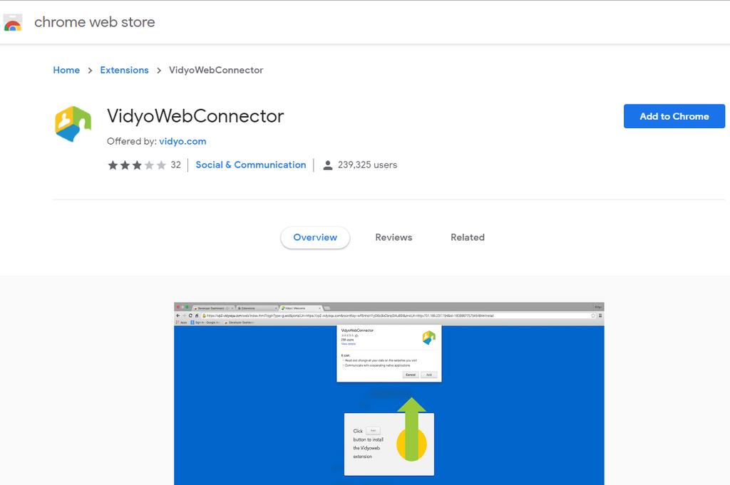 Για τον Google Chrome προτείνεται η εγκατάσταση του Vidyo Web Connector όπως παρουσιάζεται στις ακόλουθες εικόνες.