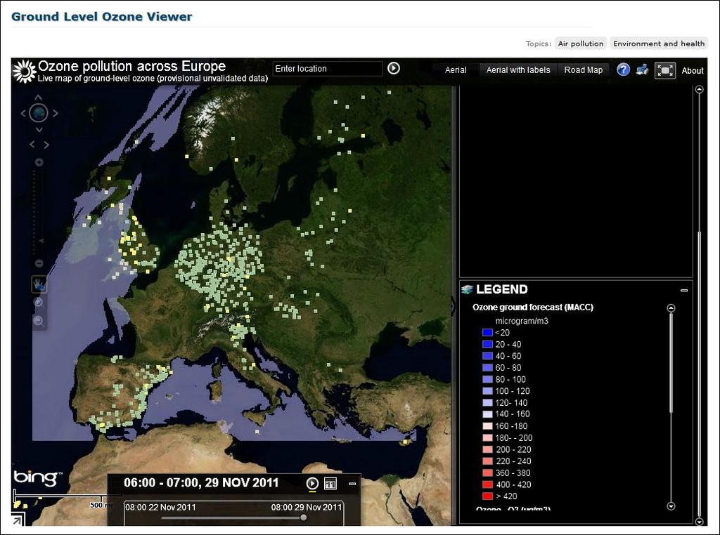 Έλεγχος καυσαερίων Η διπλανή εικόνα δείχνει το επιφανειακό όζον στην Ευρώπη όπως μετρήθηκε σε πραγματικό χρόνο από τον Ευρωπαϊκό Οργανισμό Περιβάλλοντος