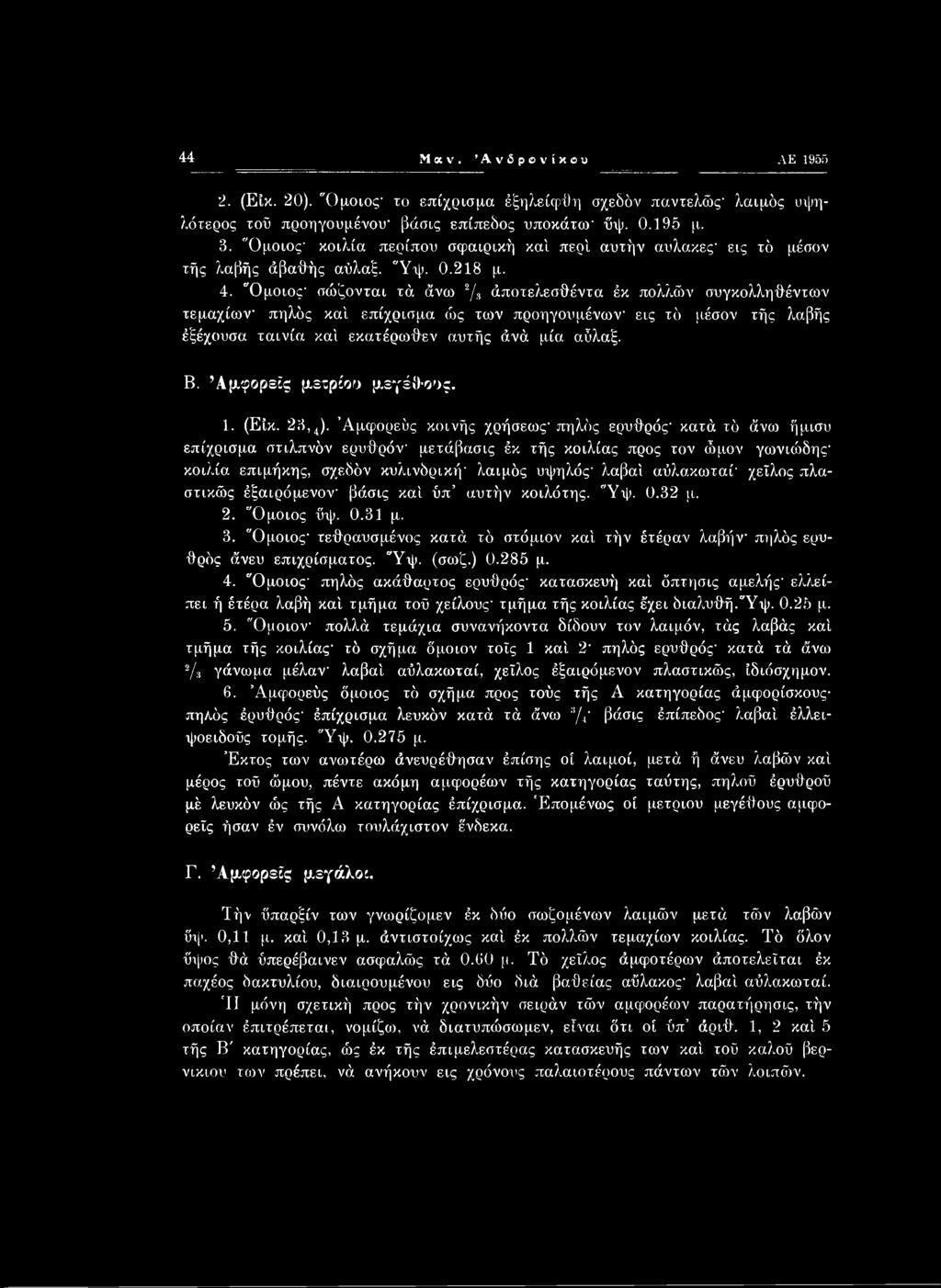 Άμφορεύς κοινής χρήσεως' πηλός ερυθρός- κατά τό άνω ήμισυ επίχρισμα στιλπνόν ερυθρόν μετάβασις έκ τής κοιλίας προς τον ώμον γωνιώδης' κοιλία επιμήκης, σχεδόν κυλινδρική' λαιμός υψηλός' λαβαί