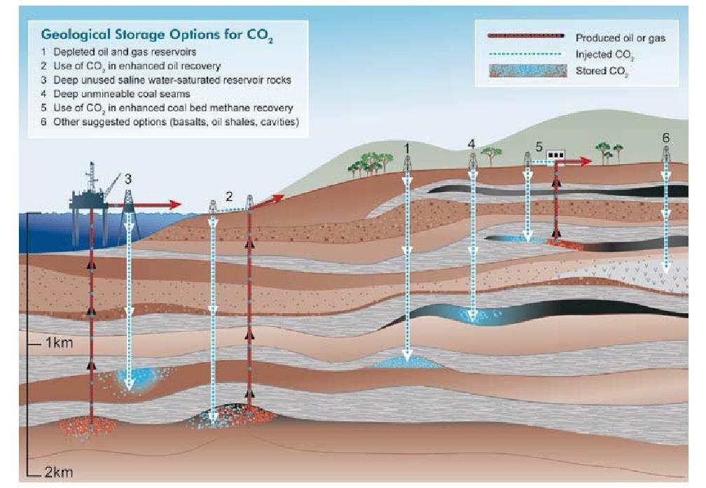5 Γεωλογική αποθήκευση CO2 Εικόνα 5.1 : Οι διαθέσιμες επιλογές που υπάρχουν για την αποθήκευση του CO2 σε βαθείς γεωλογικούς σχηματισμούς (από Cook, 1999).