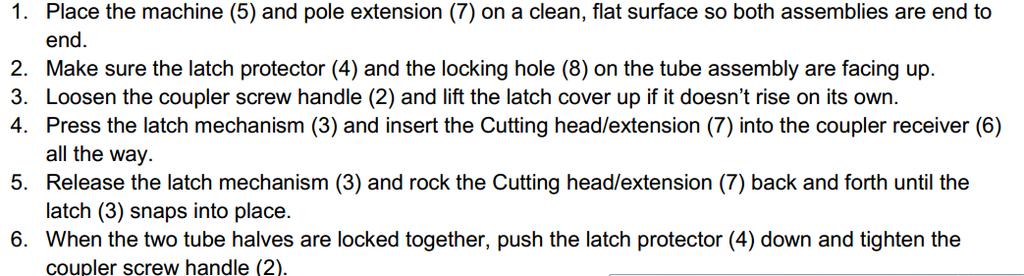7. Removing and fitting pole extensions 1. Drive shaft 2. Coupler screw handle 3. Latch mechanism 4.