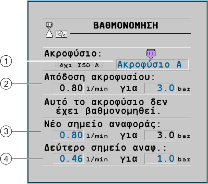 Ρύθμιση παραμέτρων υπολογιστή εργασίας Διαμορφώστε τα ακροφύσια - για τους ψεκαστήρες με έλεγχο αισθητήρα πίεσης 7 Η λίστα περιέχει όλα τα τυπικά ακροφύσια και τέσσερα σημεία για τη διαμόρφωση των
