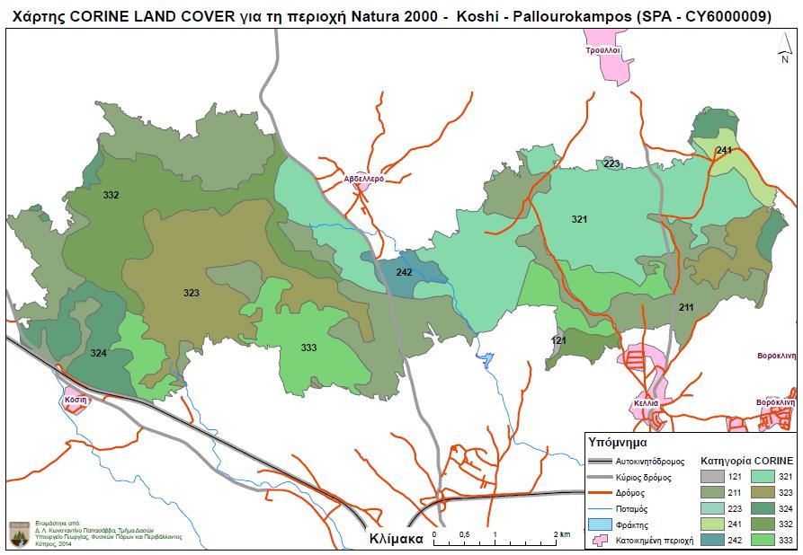 Διαχειριστικό Σχέδιο LIFE FORBIRDS (LIFE13/NAT/CY/000176) Εικόνα 2.8 Χάρτης CORINE Land Cover για την περιοχή Natura 2000 «Περιοχή Κόσιης Παλλουρόκαμπος» Σημ.