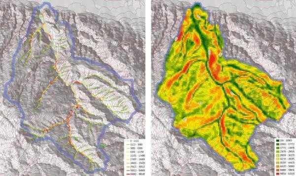 Σχήμα 6-2 - Σύγκριση μεθόδων vector - raster - Λεκάνη 3 Τα ίδια φαινόμενα παρατηρούνται και στην λεκάνη 3 όπου η ενέργεια ροής σε περιοχές με έντονη κλίση και πτυχώσεις υπολογίζεται σωστά με την