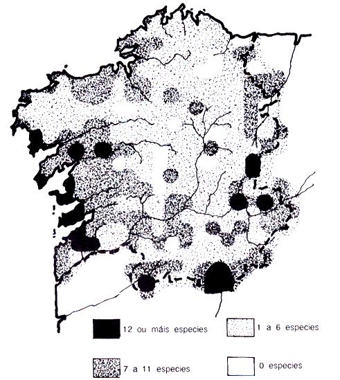 Fonte: Atlas de vertebrados de Galicia Mapa 1: Diversidade de réptís: Numero de espacies atopados por cadro de 10 x 10 Km Fonte: Atlas de vertebrados de Galicia Neles pódese observar como a zona de
