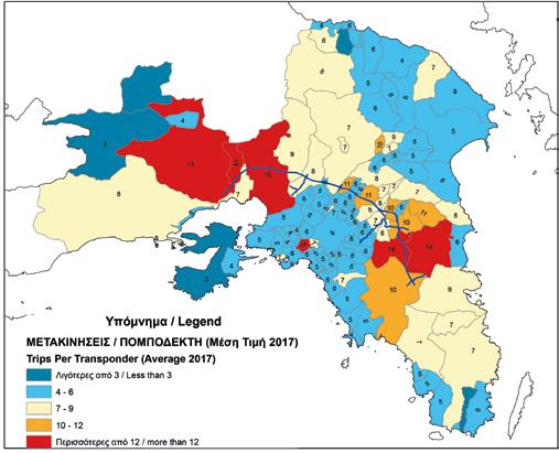 Μέση μηνιαία χρήση e-pass στο νομό Αττικής ανά δήμο (2017) 04 Επιπλέον, η χρησιμότητα της Αττικής Οδού επιβεβαιώνεται