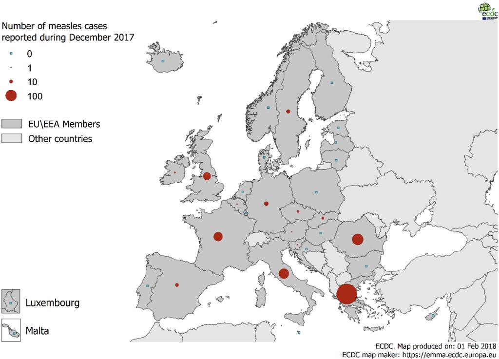 Επανεμφάνιση ιλαράς Κατανομή περιστατικών ιλαράς ανά χώρα, Δεκέμβριος 2017 στις χώρες της EU/EEA Επανεμφάνιση ιλαράς