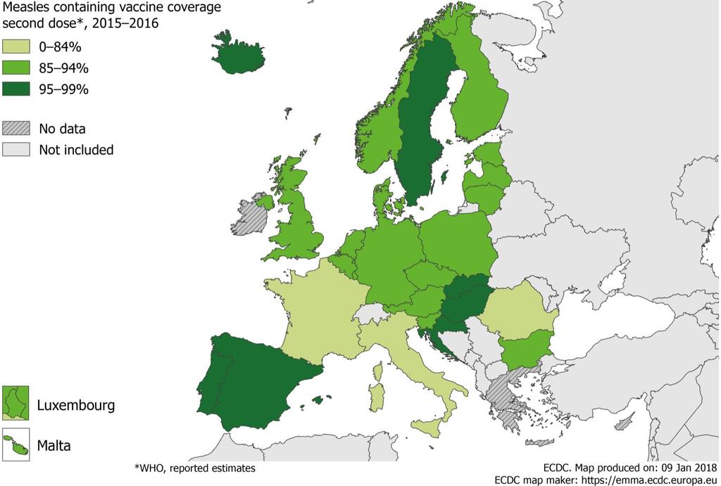 Αριθμός περιστατικών ιλαράς Ιαν 2017 Μάρτιος 2018 και εμβολιαστική κάλυψη με 2 η δόση εμβολίου για την ιλαρά ανά χώρα, 2016,