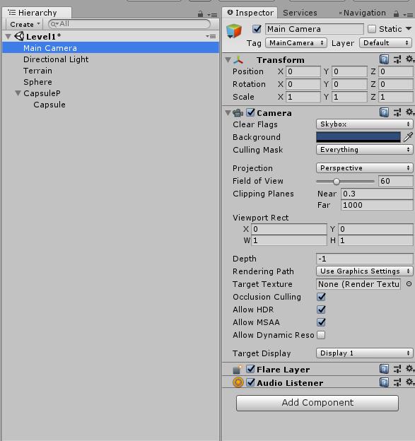 Εικόνα 1.7. Main Camera Game Object (Inspector) 4.1.8 Παράθυρο 8: Transformation Widgets Tα Transformation Widgets, μας επιτρέπουν να κάνουμε 3D επεξεργασία (transform manipulations) των Game Object μας.