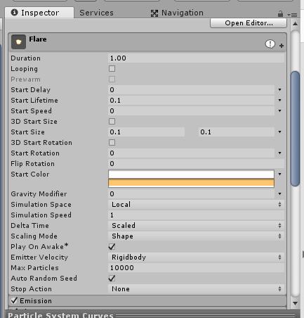 . Duration: Πόση ώρα θα είναι ενεργός ο Particle System από την στιγμή που θα ξεκινήσει. Looping: Καθορίζει αν το System θα ξεκινάει από το μηδέν ξανά, όταν φτάσει το μέγιστο του Duration του.
