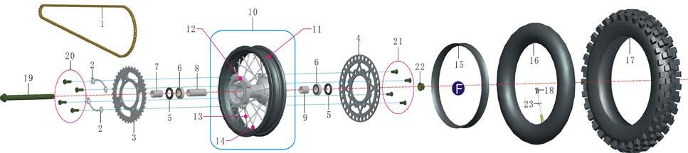 12070010019000 front rim bearing 6202 2 7 09010131230000 spacer Φ15.5*Φ22*39.5 1 8 04007101030140-1 spacer Φ15.5*Φ22*73 1 9 09010134220000 spacer Φ15.2*Φ22*28.5 1 10 04007101030140 rim, rear assy. 1.85*10" 1 11 04010010110140 rim, front 1.