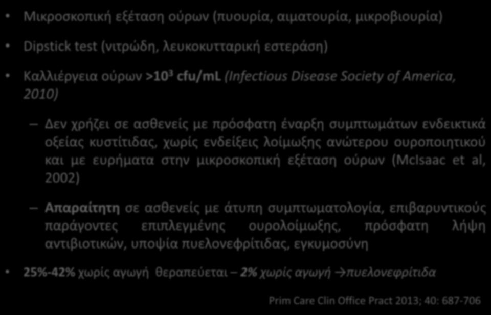 ΟΞΕΙΑ ΜΗ ΕΠΙΠΛΕΓΜΕΝΗ ΚΥΣΤΙΤΙΣ Μικροσκοπική εξέταση ούρων (πυουρία, αιματουρία, μικροβιουρία) Dipstick test (νιτρώδη, λευκοκυτταρική εστεράση) Καλλιέργεια ούρων >10 3 cfu/ml (Infectious Disease