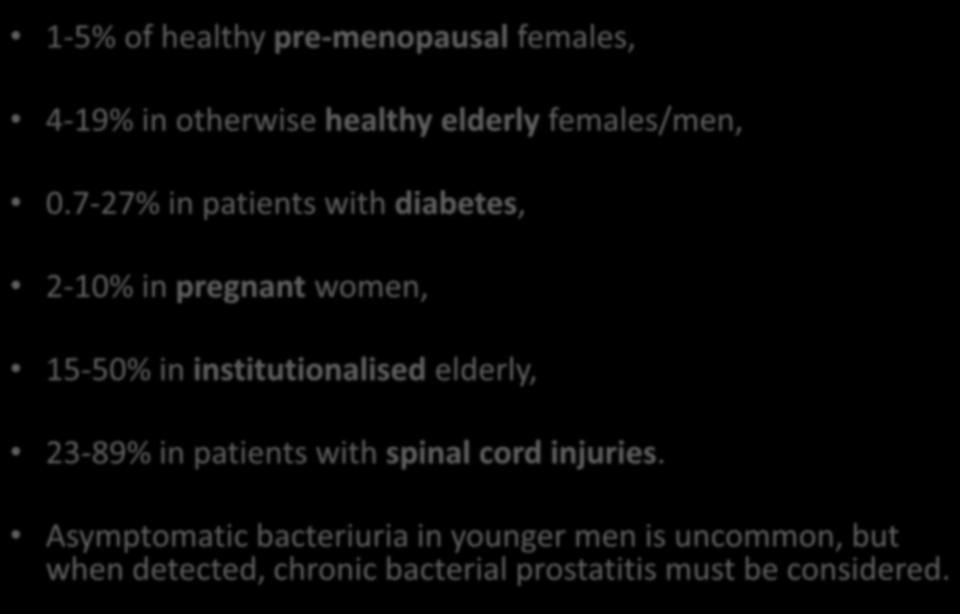 ΑΣΥΜΠΤΩΜΑΤΙΚΗ ΒΑΚΤΗΡΙΟΥΡΙΑ 1-5% of healthy pre-menopausal females, 4-19% in otherwise healthy elderly females/men, 0.