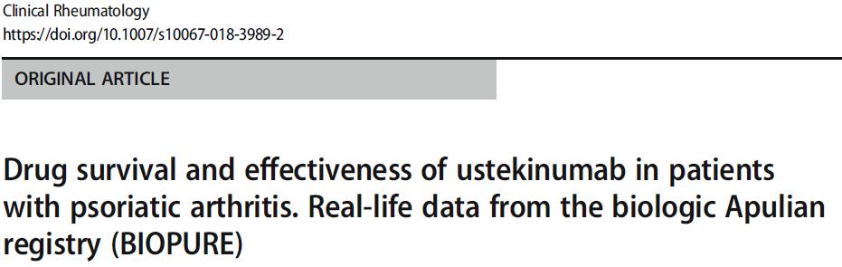 Μακροχρόνια επιβίωση του ustekinumab στην ΨΑ Of 160 PsA patients starting ustekinumab, 54 were naïve and 106 were TNF-IR.