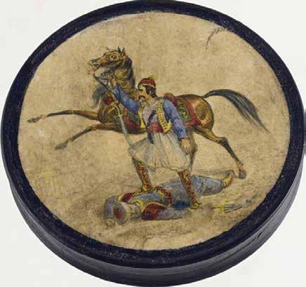 124 Κυκλικό κουτί με Έλληνα πολεμιστή (π. 1830) papier mâché, η παράσταση λιθογραφημένη και επιχρωματισμένη με το χέρι, διάμετρος: 9,5 cm.