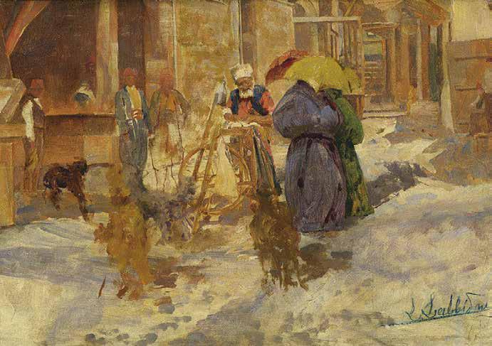 2 Συμεών Σαββίδης (1859-1927) Τροχιστής σε ανατολίτικο παζάρι υπογεγραμμένο κάτω δεξιά: Σ. Σαββίδης λάδι σε ξύλο, 33 x 48,5 cm. 8.000-12.000 ΕΚΘΕΣΕΙΣ: Αθήνα, Εθν. Πινακοθήκη & Μουσείο Αλ.