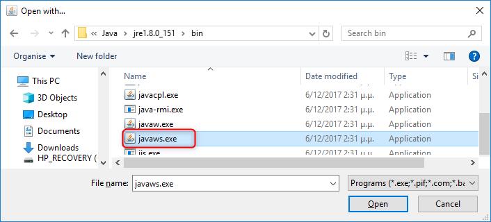 Στο παράθυρο που εμφανίζεται, βεβαιώστε ότι στο πεδίο Opens with αναγράφεται Java(TM) Web Start Launcher (Οθόνη 31