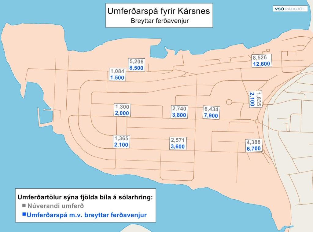 Mynd 6.10 Niðurstöður úr umferðarspá á talningarstöðum m.v.