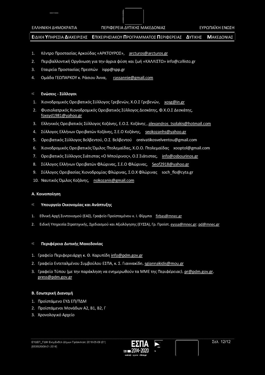 1. Κέντρο Προστασίας Αρκούδας «ΑΡΚΤΟΥΡΟΣ», arcturos@arcturos.gr 2. Περιβαλλοντική Οργάνωση για την άγρια φύση και ζωή «ΚΑΛΑΪΣΤΩ» info@callisto.gr 3. Εταιρεία Προστασίας Πρεσπών ispp@spp.gr 4.