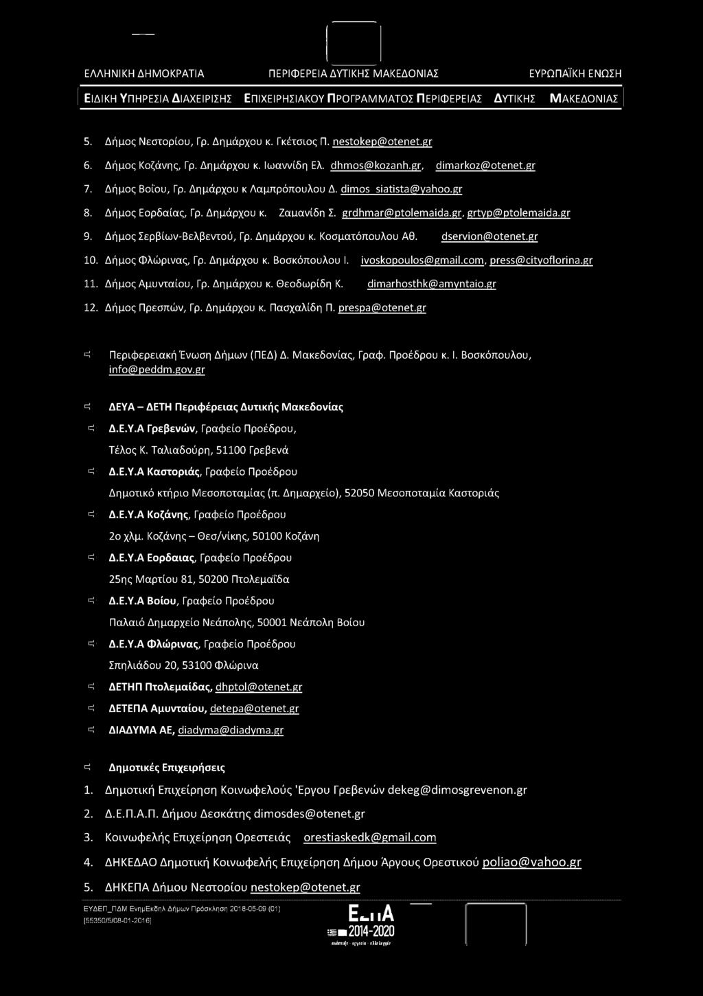 5. Δήμος Νεστοριου, Γρ. Δημάρχου κ. Γκέτσιος Π. nestokep@otenet.gr 6. Δήμος Κοζάνης, Γρ. Δημάρχου κ. Ιωαννίδη Ελ. dhmos@kozanh.gr, dimarkoz@otenet.gr 7. Δήμος Βοίου, Γρ. Δημάρχου κ Λαμπρόπουλου Δ.