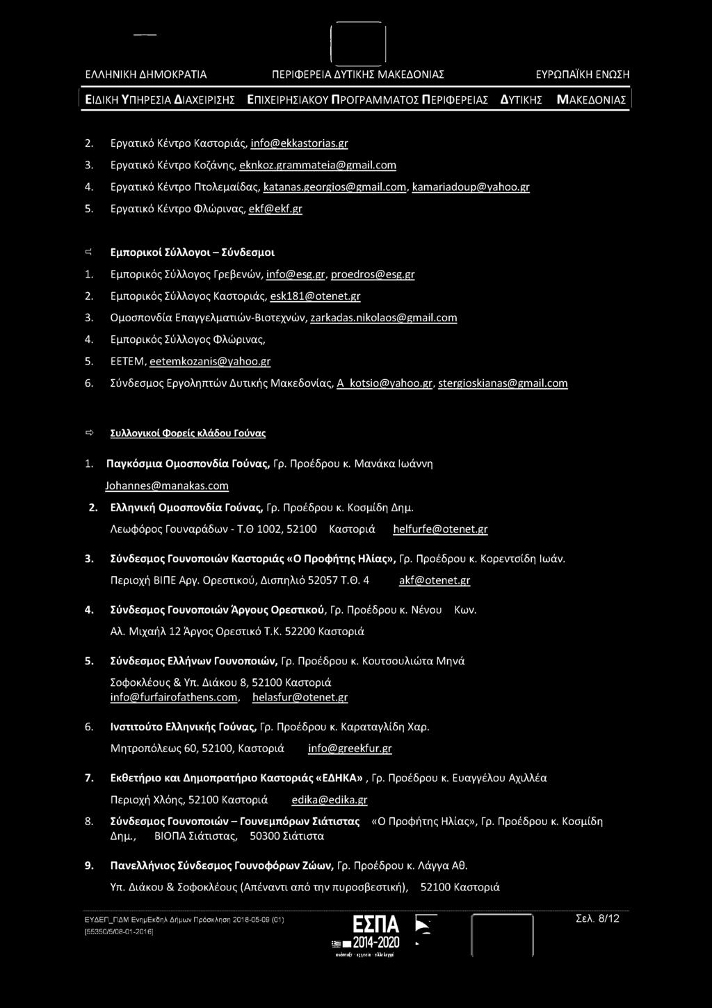 2. Εργατικό Κέντρο Καστοριάς, info@ekkastorias.gr 3. Εργατικό Κέντρο Κοζάνης, eknkoz.grammateia@gmail.com 4. Εργατικό Κέντρο Πτολεμαίδας, katanas.georgios@gmail.com, kamariadoup@yahoo.gr 5.
