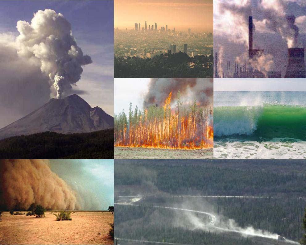 Οι σημαντικότερες φυσικές πηγές ρύπων είναι (Ζάνης, 2014; Μαλανδρής, 2014): Τα ηφαίστεια (κυρίως αιωρούμενα σωματίδια, διοξείδιο του θείου, υδρόθειο και μεθάνιο) Οι πυρκαγιές δασών (κυρίως αιωρούμενα