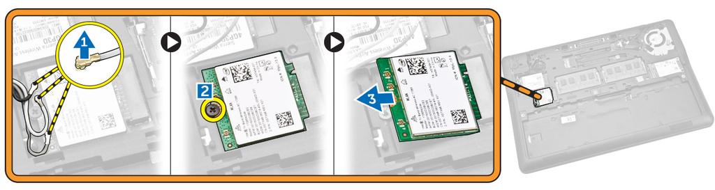 Αφαίρεση της κάρτας WLAN 1 Ακολουθήστε τις διαδικασίες που περιγράφει η ενότητα Πριν από την εκτέλεση εργασιών στο εσωτερικό του υπολογιστή σας.