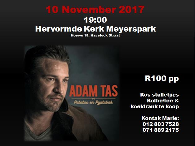 4 Plek: Havelockstraat 40, Wilgepark, Pretoria. Die kaartjies vir die vertoning is R100 per persoon. Kos stalletjies. Koffie, tee en koeldrank te koop. Navrae: hkm@geloofsbond.org.