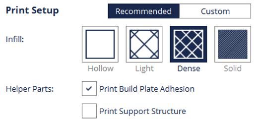 3.4 Print Setup 3.4.1 Recommended (Προτεινόμενες ρυθμίσεις) Infill: Τρόποι γεμίσματος του εσωτερικού στα αντικείμενα που σχεδιάστηκαν.