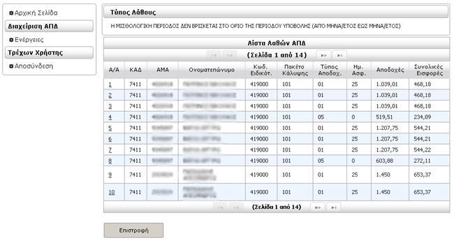 Κάνοντας κλικ στο πλήθος εγγραφών για κάθε κωδικό λάθους, θα δούμε πίνακα με τις αναλυτικές εγγραφές που το προκαλούν και τις οποίες θα χρειαστεί να διορθώσουμε: Κάνοντας