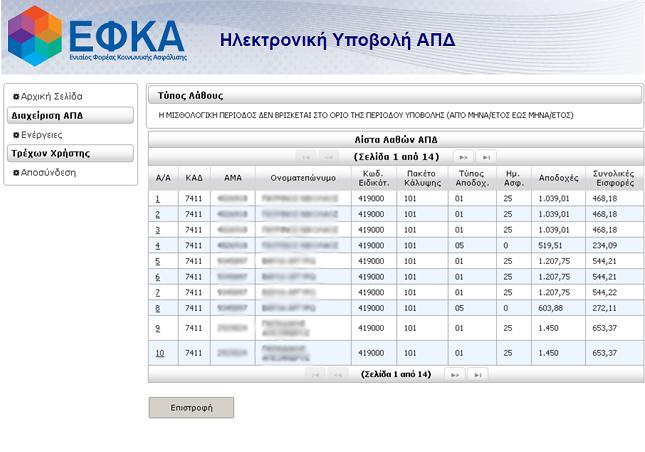 Κάνοντας κλικ στον Α/Α μιας εγγραφής θα εμφανιστεί η φόρμα που περιέχει όλα τα στοιχεία της, σε κατάσταση ανάγνωσης μόνο. Στο σημείο αυτό μπορούμε να εκτυπώσουμε τη λίστα λαθών.