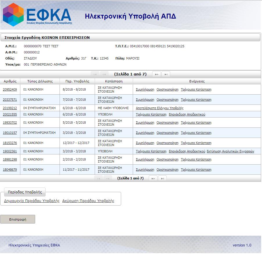 Η κεντρική οθόνη που εμφανίζεται μετά την επιλογή Ενέργειες, έχει την παρακάτω μορφή: Στο επάνω μέρος της οθόνης εμφανίζονται τα στοιχεία του εργοδότη (ΑΜΕ, ΑΦΜ, Επωνυμία, ταχυδρομική διεύθυνση και