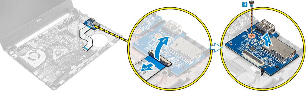 Εγκατάσταση της πλακέτας I/O 1 Περάστε την πλακέτα USB μέσα στην υποδοχή της επάνω στον υπολογιστή. 2 Σφίξτε τη βίδα για να στερεώσετε την πλακέτα USB στον υπολογιστή.