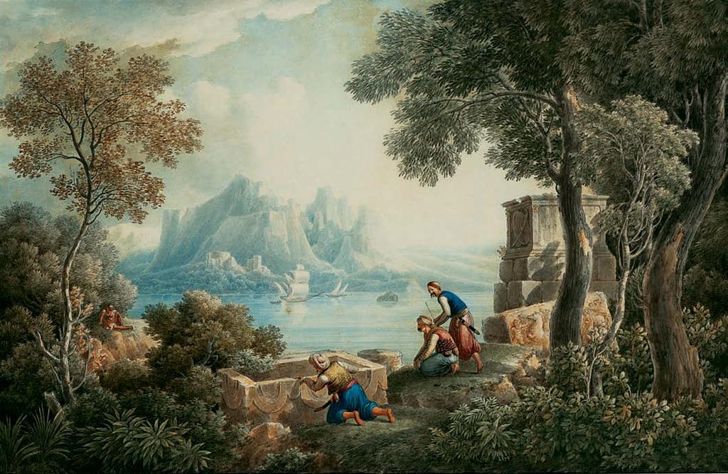 118 Louis François Cassas (1756-1827) Παραθαλάσσιο τοπίο με αρχαιότητες υδατογραφία σε χαρτί, 36 x 54 cm. 8.000-12.
