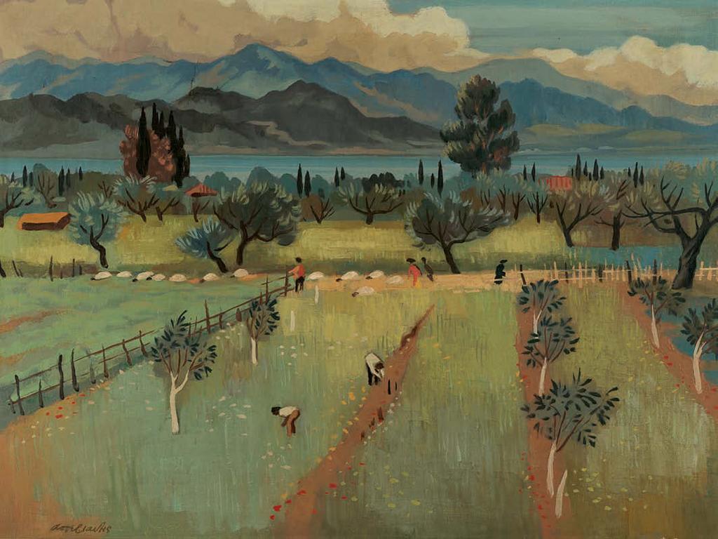 35 Αγήνωρ Αστεριάδης (1898-1977) Στα χωράφια, Ναύπακτος [1970] υπογεγραμμένο κάτω αριστερά: Αστεριάδης