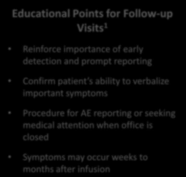 Recommendations for Patient/Caregiver Education General Educational Points Vigilance 1 Prompt symptom reporting 1 Advise emergency HCPs