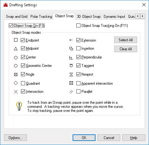 Λίστα Επιλογών Object Snap On Όταν η λειτουργία Object Snap είναι ενεργή, λειτουργούν οι έλξεις οι οποίες είναι επιλεγμένες όταν μια εντολή είναι σε εξέλιξη.