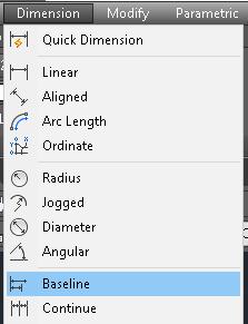 Baseline Dimension Επιλέξτε την εντολή από το μενού Dimension και Baseline. Από την καρτέλα Annotate πάνελ Dimensions πατώντας στο βέλος δίπλα στο Continue και επιλέξτε Baseline.