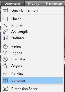 Από την καρτέλα Annotate πάνελ Dimensions και Continue. Από προεπιλογή η συνέχιση της διάστασης ξεκινά από την πιο πρόσφατα δημιουργημένη διάσταση στο τρέχον σχέδιο.