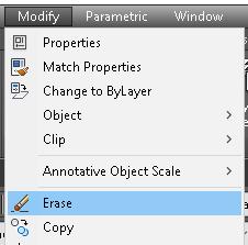 Ενότητα 3 η - Εντολές Επεξεργασίας 1 o - Erase Με την εντολή Erase μπορείτε να σβήσετε αντικείμενα από το σχέδιό σας. Την εντολή Erase μπορείτε να την επιλέξετε από το μενού Modify, επιλέγοντας Erase.