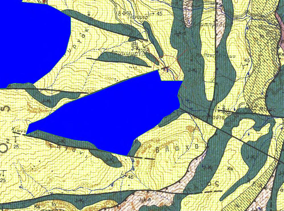 Εικόνα 6.45: Χάρτης της πηγής Λακκώµατα µε την υδρογεωλογική λεκάνη που αυτή αποστραγγίζει. Με βάση το διάγραµµα Piper, το νερό µπορεί να χαρακτηρισθεί ως ασβεστούχο όξινο ανθρακικό.